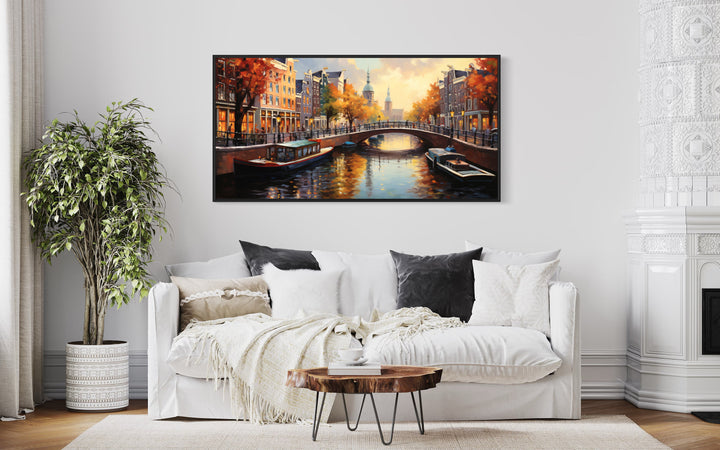 Amsterdam Canal Painting Canvas Wall Art above white couch