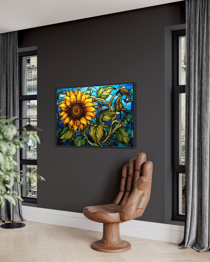 Sunflower Stained Glass Art Deco Style Framed Canvas Wall Art in living room