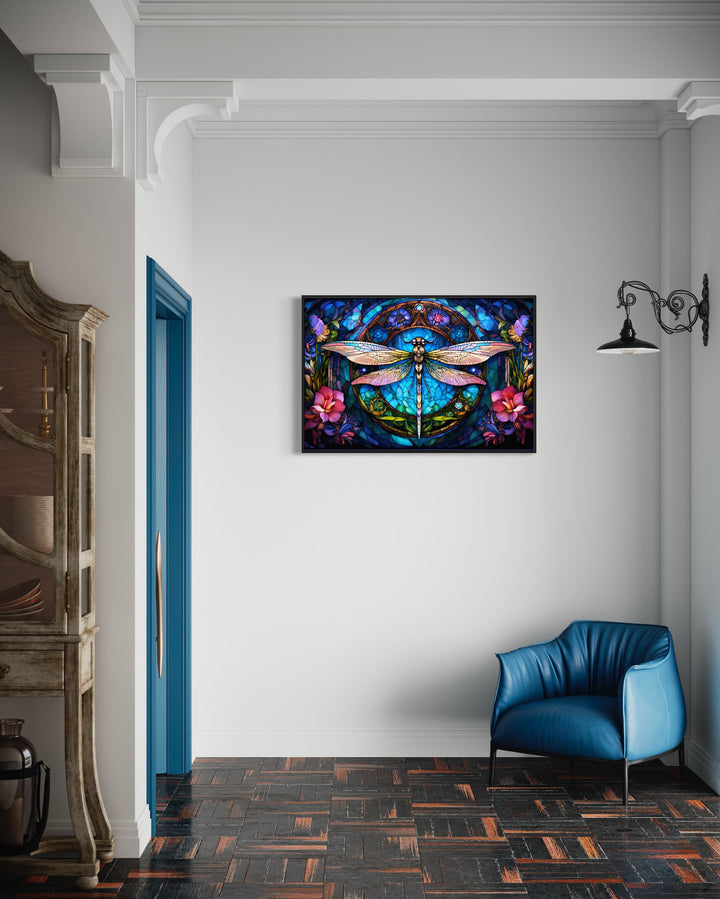 Dragonfly Stained Glass Style Art Nouveau Framed Canvas Wall Art in living room