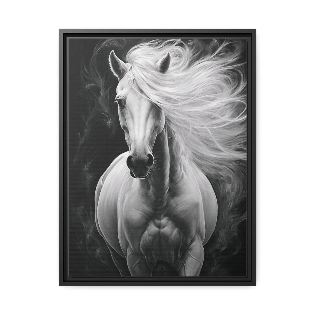 Beautiful White Horse On Black Background Canvas Wall Art close up
