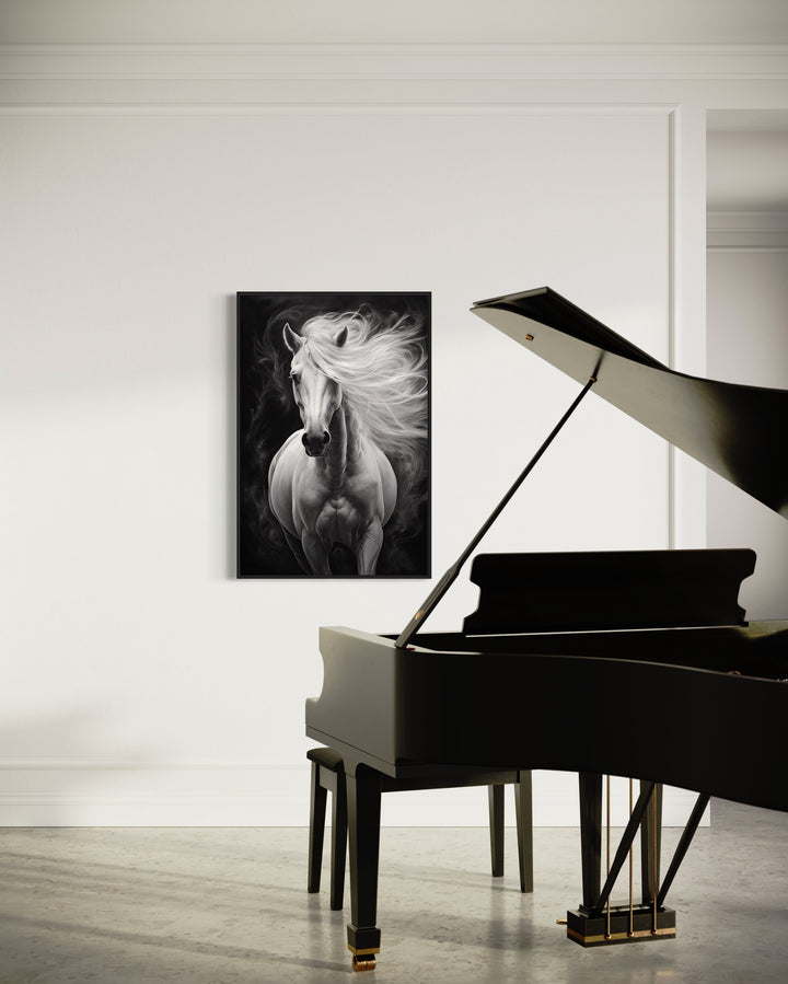 Beautiful White Horse On Black Background Canvas Wall Art behind piano