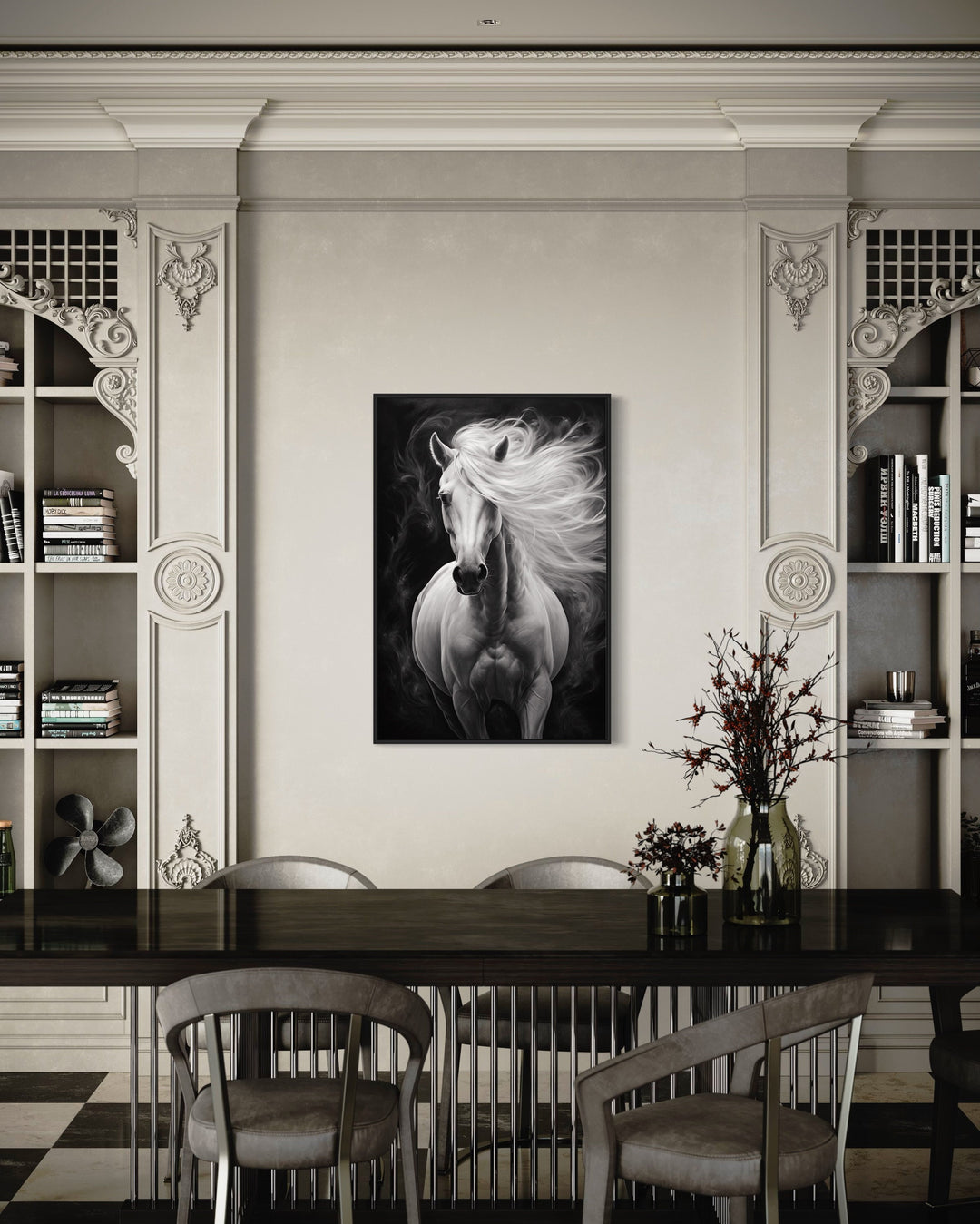Beautiful White Horse On Black Background Canvas Wall Art