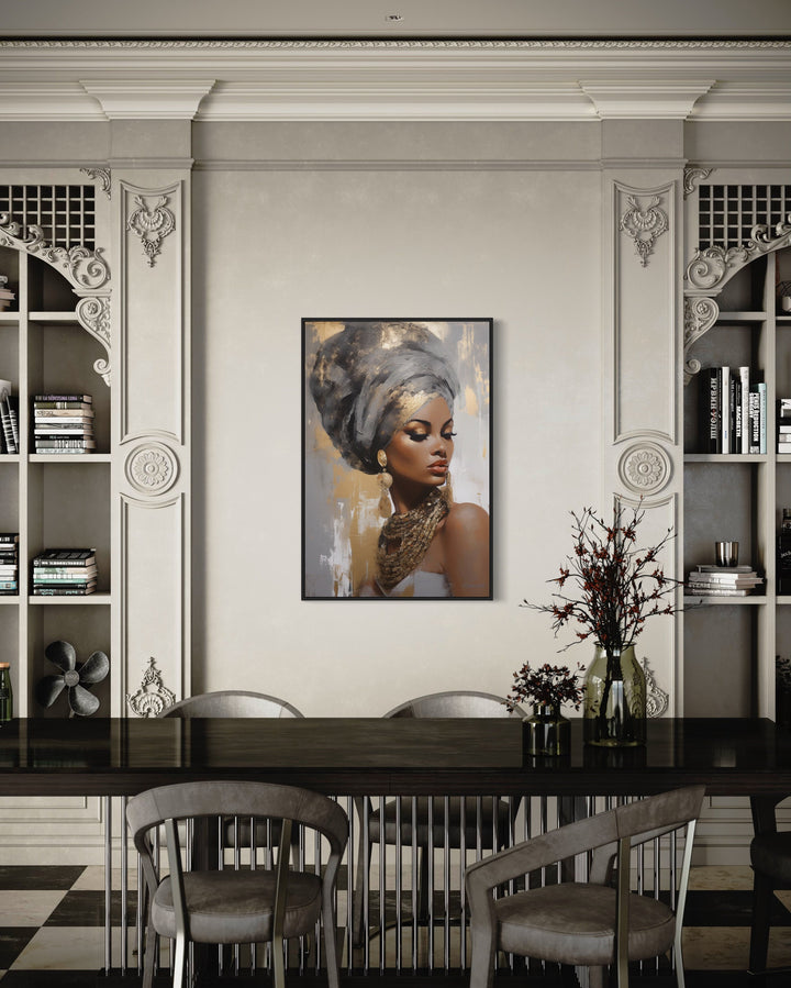 Beautiful Black Woman Gold Silver Framed Canvas Wall Art in dining room