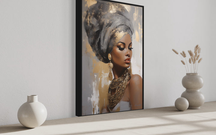 Beautiful Black Woman Gold Silver Framed Canvas Wall Art side view