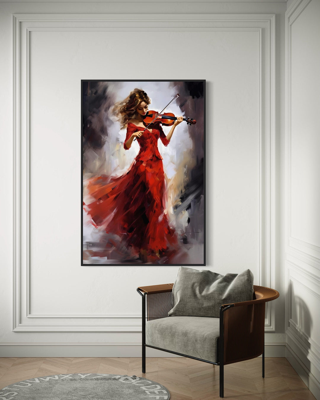 Violin Player In Red Dress Framed Canvas Wall Art on large wall