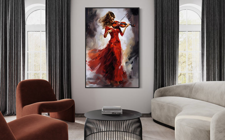 Violin Player In Red Dress Framed Canvas Wall Art