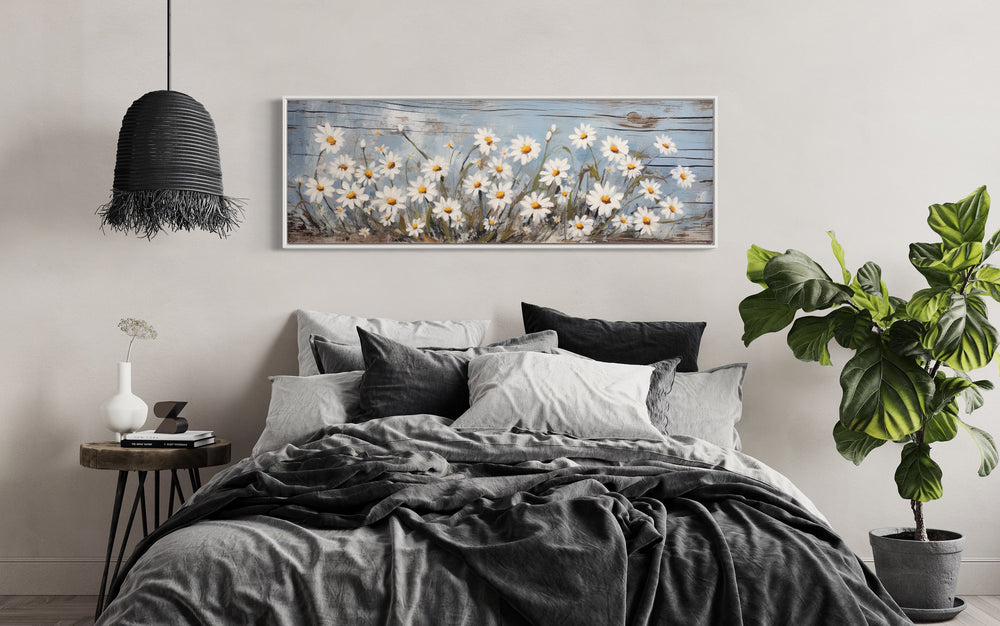 Rustic Daisies Painted on Wood Long Horizontal Wall Art above black bed