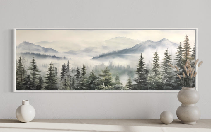 Foggy Forest Sage Green Long Horizontal Above Bed Wall Art close up