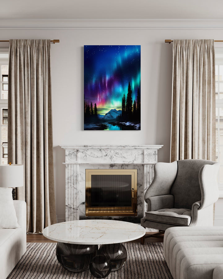 Northern Lights Stunning Aurora Borealis Framed Canvas Wall Art above fireplace