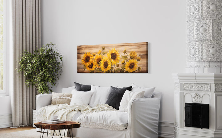 Rustic Sunflowers Painting on Wood Long Horizontal Framed Canvas Wall Art above couch