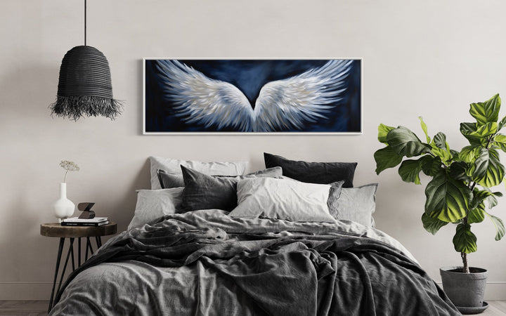 White Angel Wings On Blue Background Horizontal Framed Canvas Above Bed Wall Art