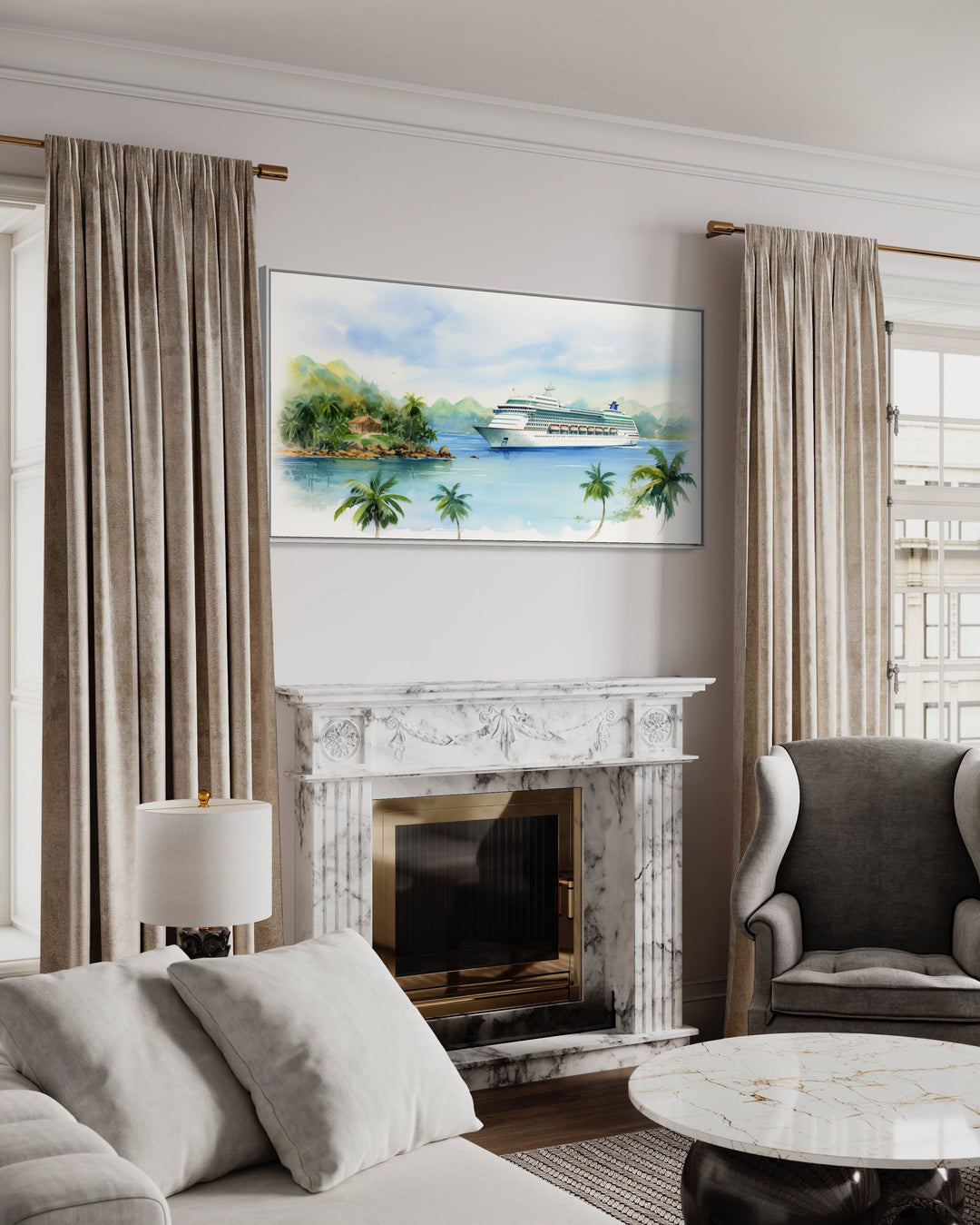 Cruise Ship Docked At Tropical Island Wall Art above fireplace