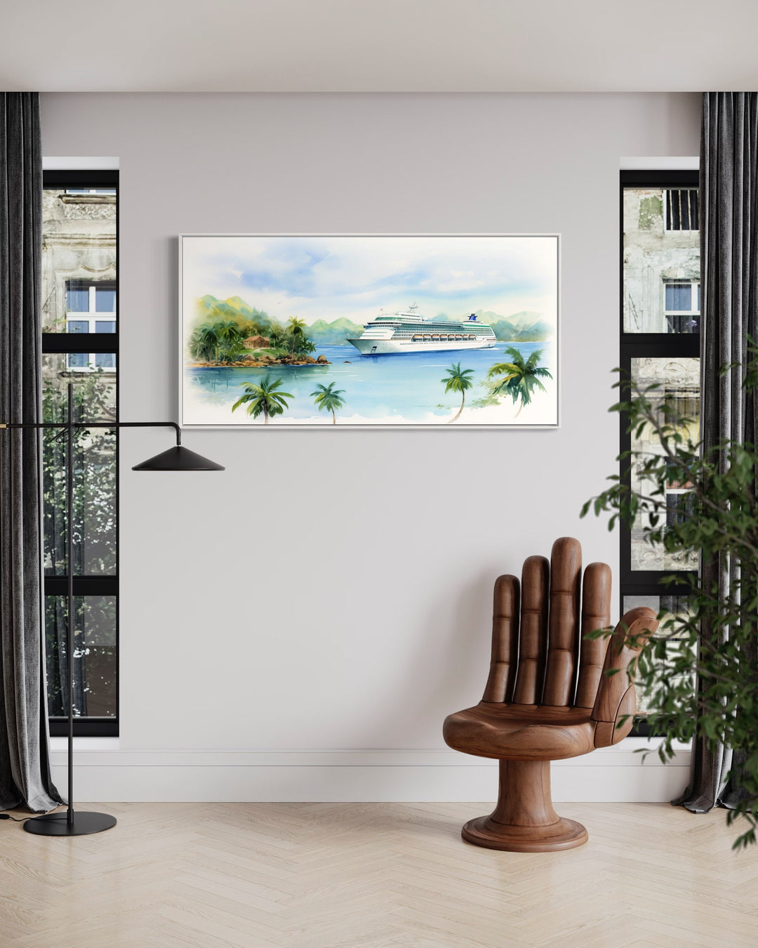 Cruise Ship Docked At Tropical Island Wall Art in living room