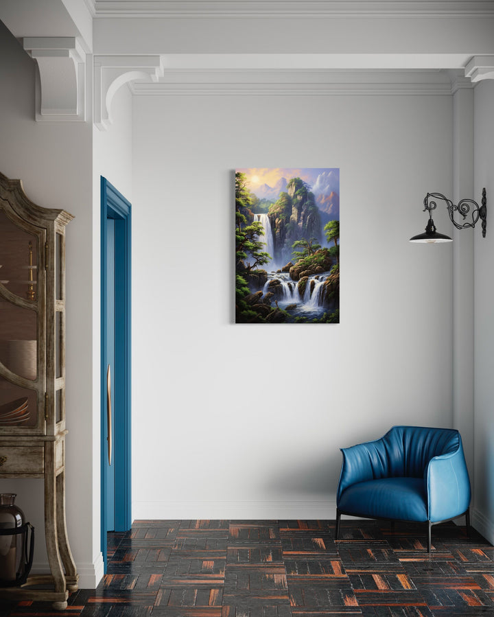 Mountain Forest Waterfall Landscape Framed Canvas Wall Art in hallway