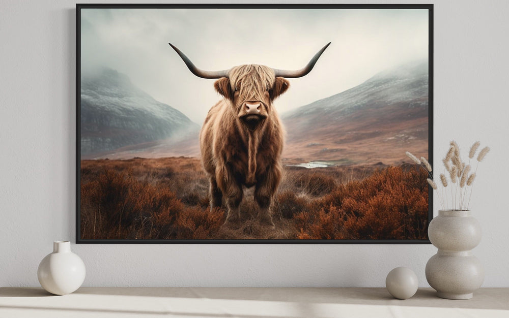 Muted Colors Highland Cow Framed Canvas Wall Art close up