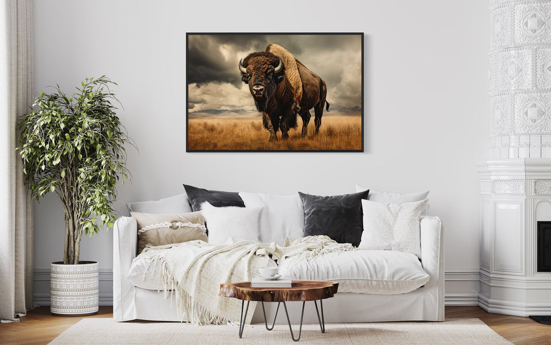 Sepia Buffalo Photography Style Extra Large Wall Art above white bed