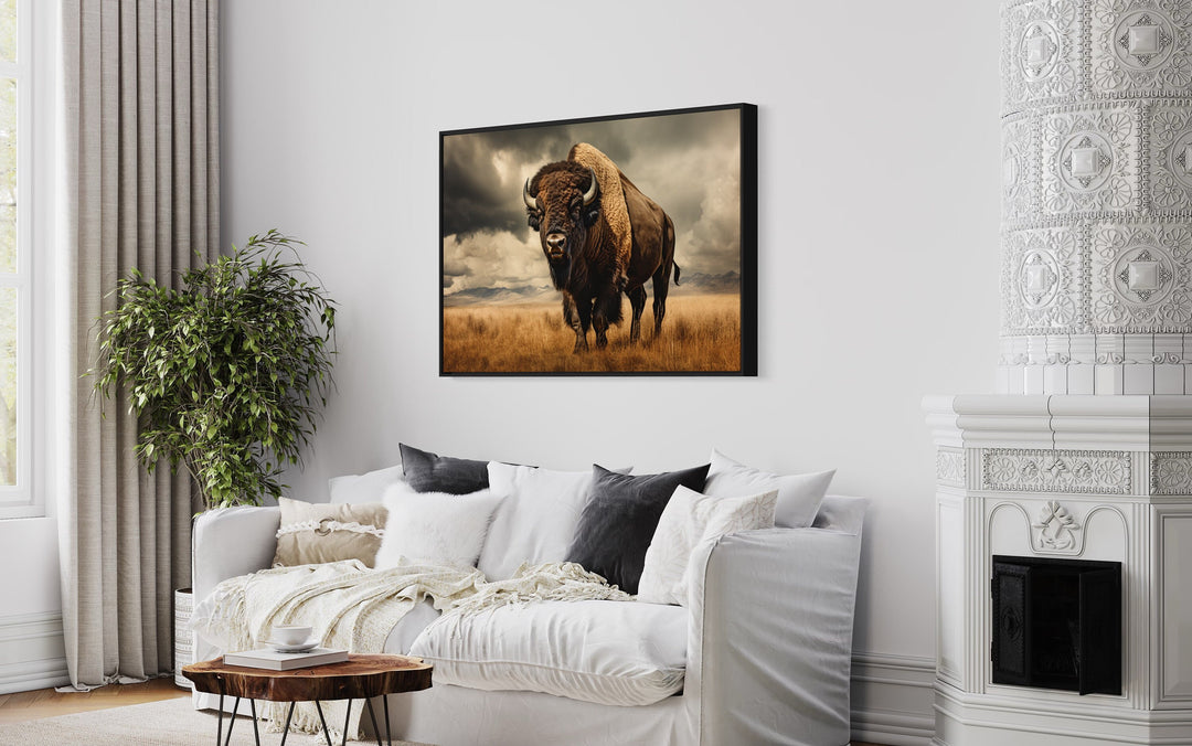 Sepia Buffalo Photography Style Extra Large Wall Art above white couch