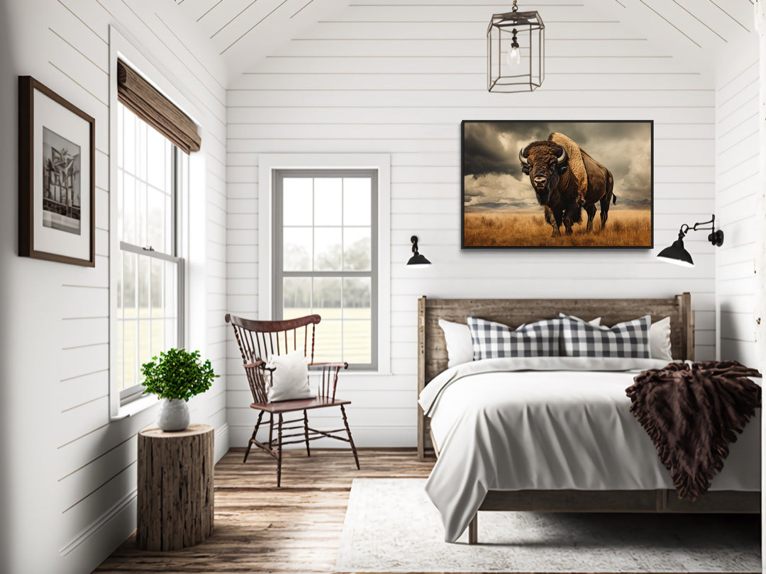 Sepia Buffalo Photography Style Extra Large Wall Art in rustic home