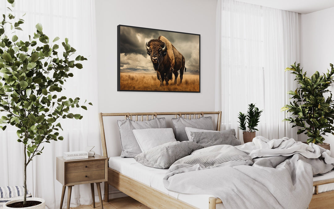 Sepia Buffalo Photography Style Extra Large Wall Art above wooden bed