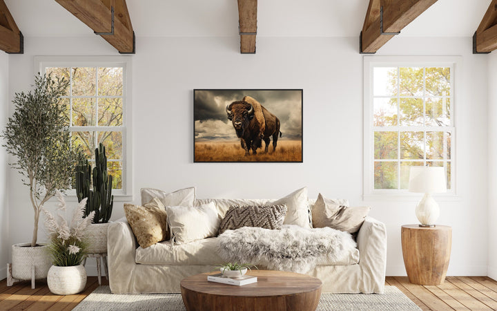 Sepia Buffalo Photography Style Extra Large Wall Art above beige couch