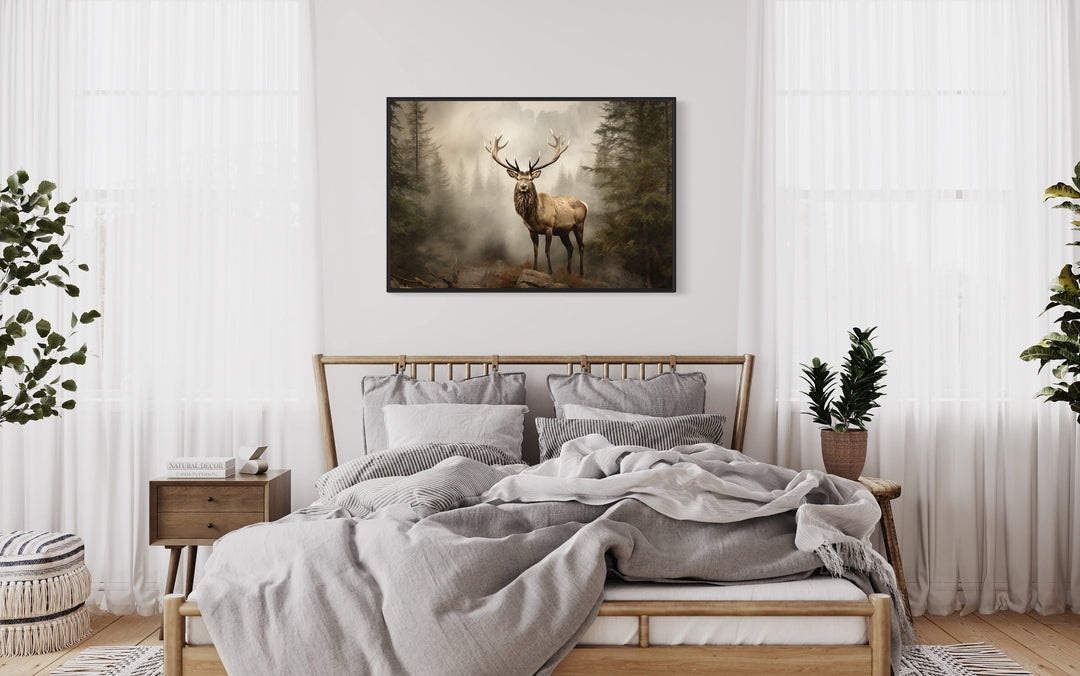 Elk Painting Rustic Wildlife Wall Decor above wooden bed