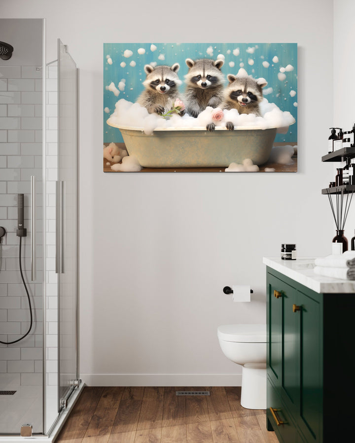 cute Racoons In a Bathtub Framed Canvas Wall Art in a toilet