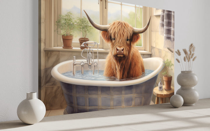 Highland Cow in a Bathtub Framed Canvas Wall Art side view