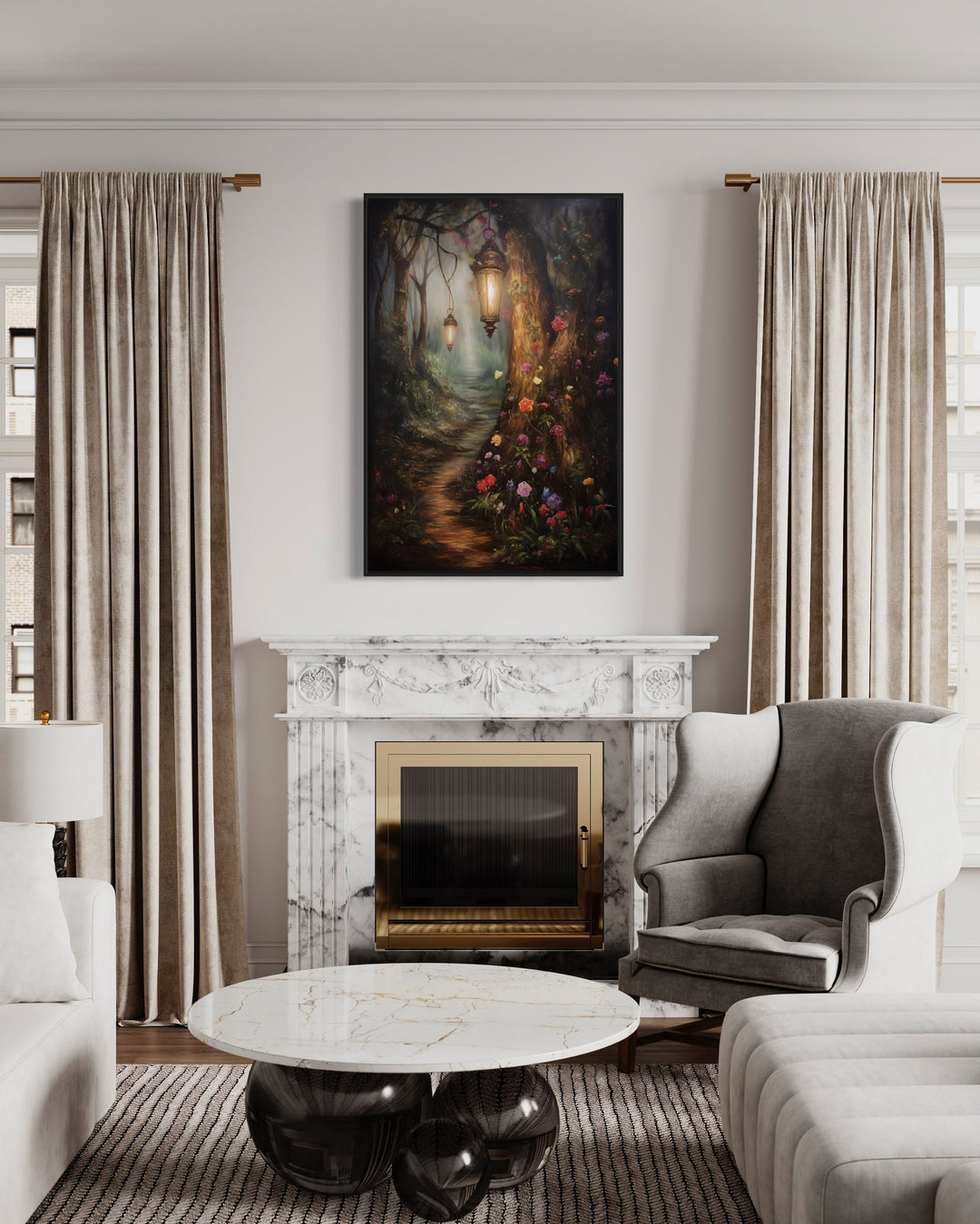 Enchanted Mystical Forest And Lighted Path Framed Canvas Wall Art above fireplace