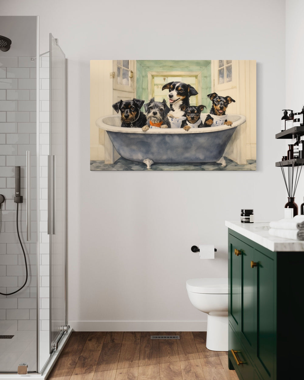 Dogs in a Bathtub Watercolor Framed Canvas Wall Art in a washroom