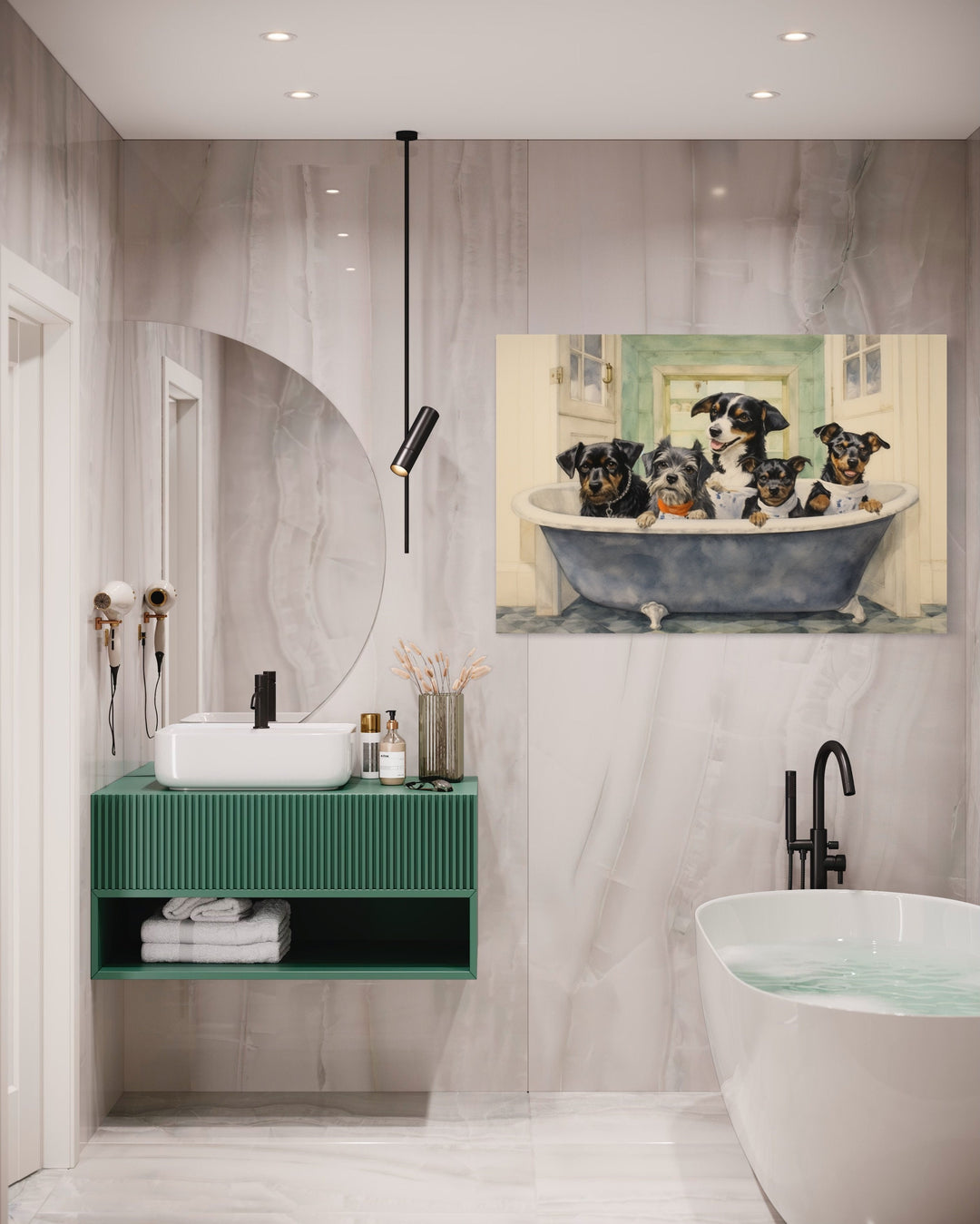 Dogs in a Bathtub Watercolor Framed Canvas Wall Art above bathtub