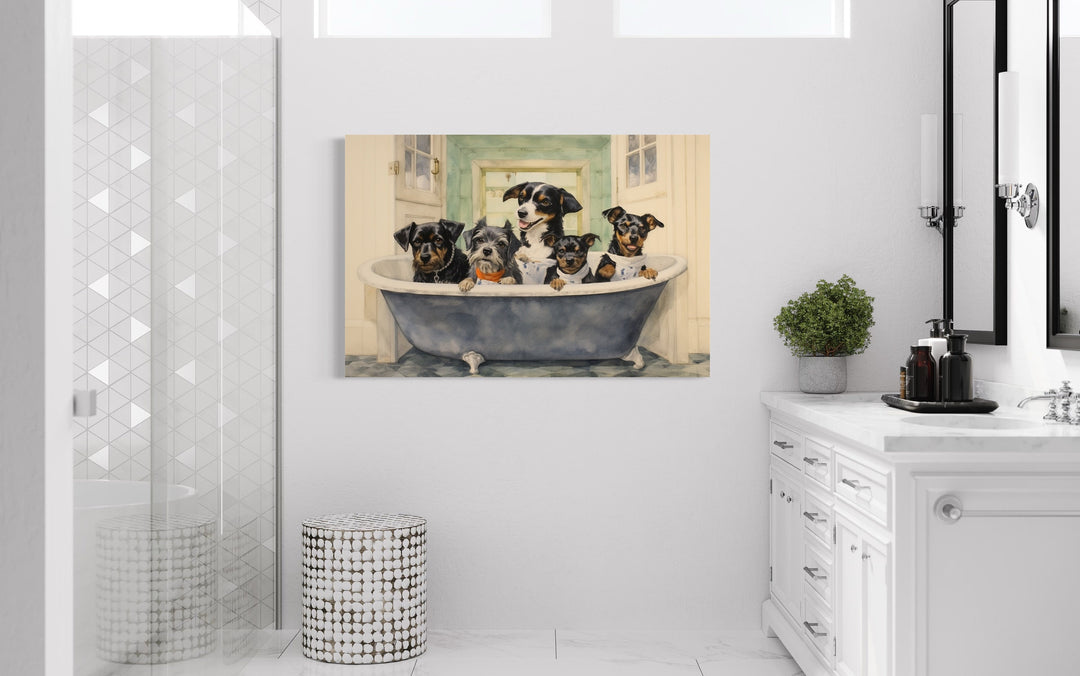 Dogs in a Bathtub Watercolor Framed Canvas Wall Art in white bathroom