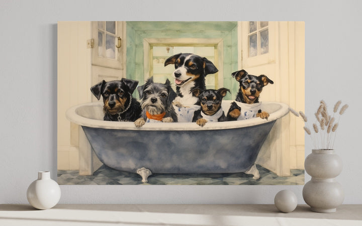 Dogs in a Bathtub Watercolor Framed Canvas Wall Art close up