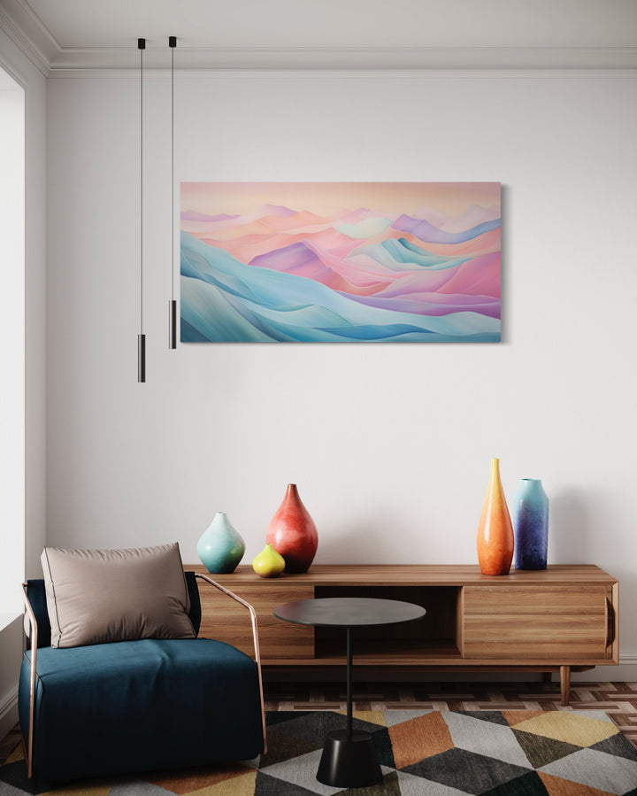 Pink Blue Pastel Abstract Marble Mountain Landscape Framed Canvas Wall Art in living room