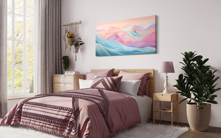 Pink Blue Pastel Abstract Marble Mountain Landscape Framed Canvas Wall Art above bed