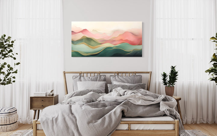 Blush Pink Green Abstract Mountain Landscape Framed Canvas Wall Art above bed