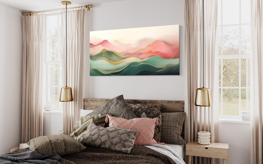 Blush Pink Green Abstract Mountain Landscape Framed Canvas Wall Art above bed