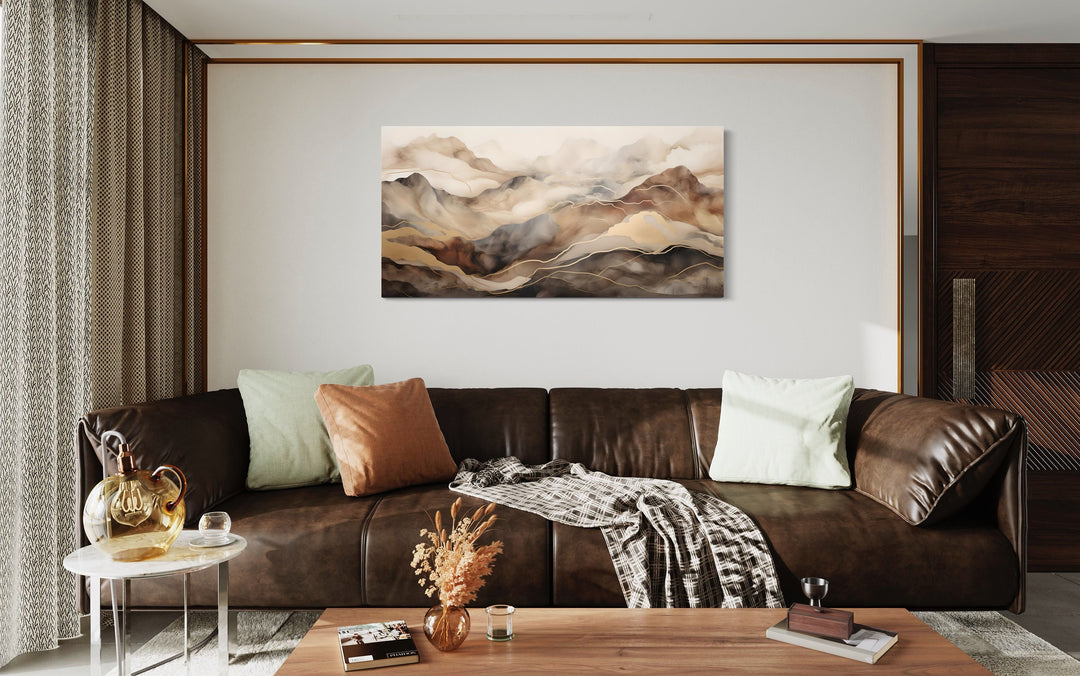 Brown Beige Abstract Marble Mountain Framed Canvas Wall Art in living room