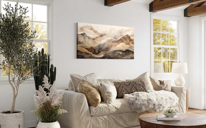 Brown Beige Abstract Marble Mountain Framed Canvas Wall Art side view about couch