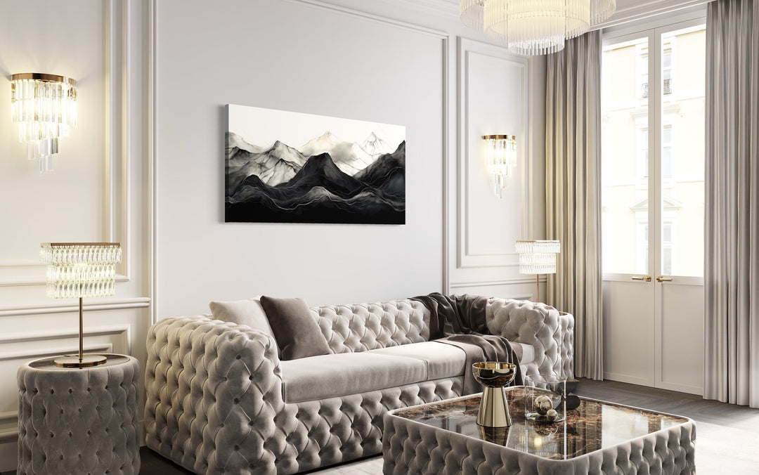 Black And White Abstract Marble Mountains Framed Canvas Wall Art in living room