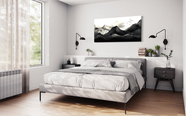 Black And White Abstract Marble Mountains Framed Canvas Wall Art above bed