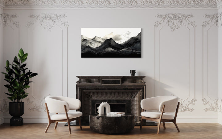 Black And White Abstract Marble Mountains Framed Canvas Wall Art above fireplace