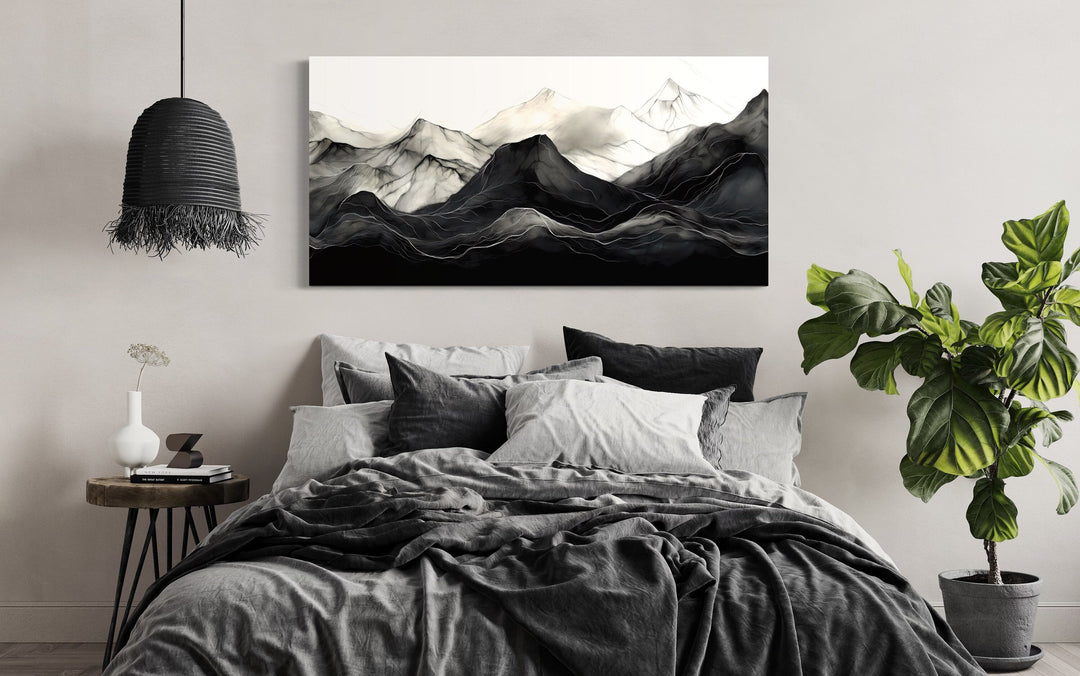 Black And White Abstract Marble Mountains Framed Canvas Wall Art