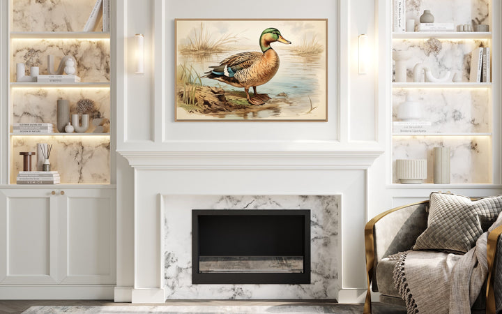 Mallard Duck Vintage Rustic Framed Canvas Wall Art above mantel
