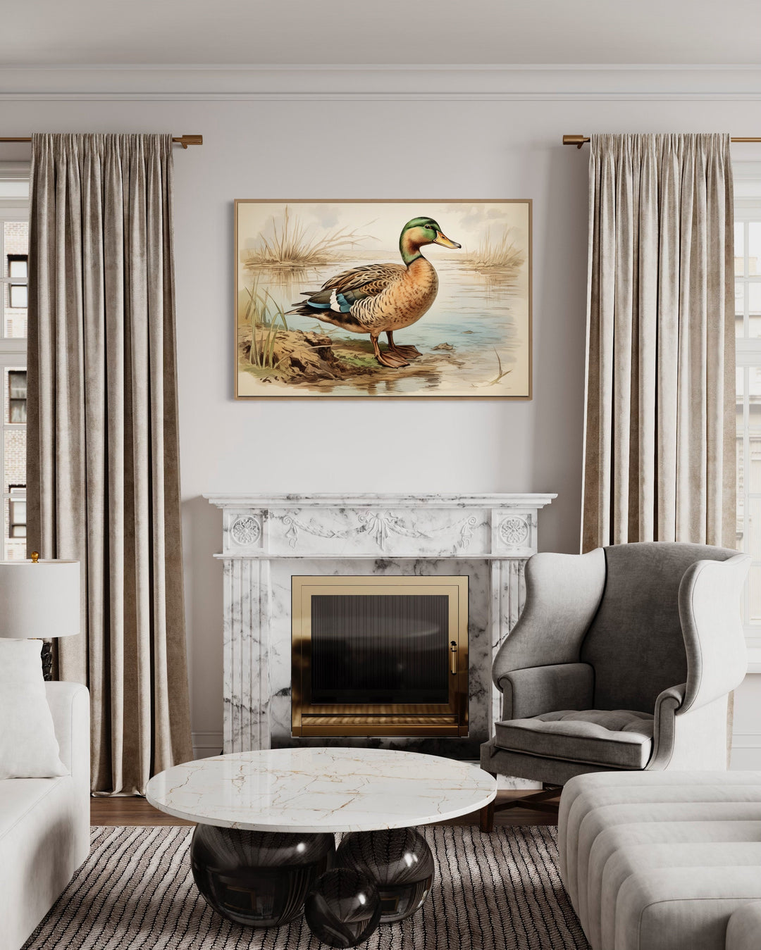 Mallard Duck Vintage Rustic Framed Canvas Wall Art above fireplace