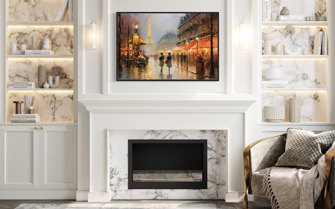 Paris Street With Eiffel Tower Romantic Framed Canvas Wall Art