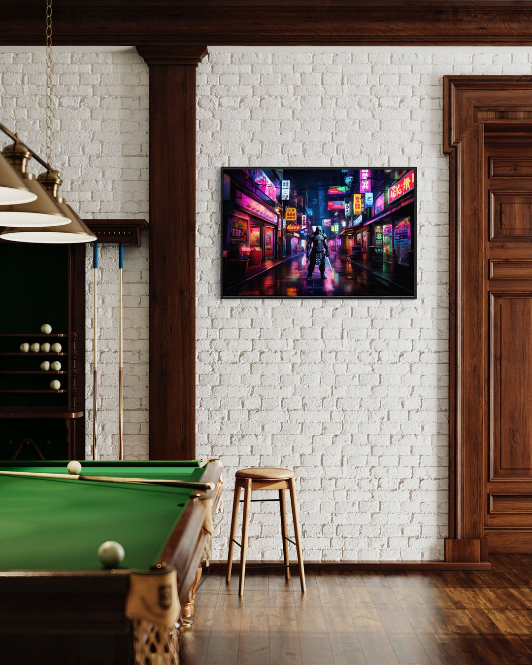 Cyberpunk Tokyo And Japanese Samurai Framed Canvas Wall Art in game room