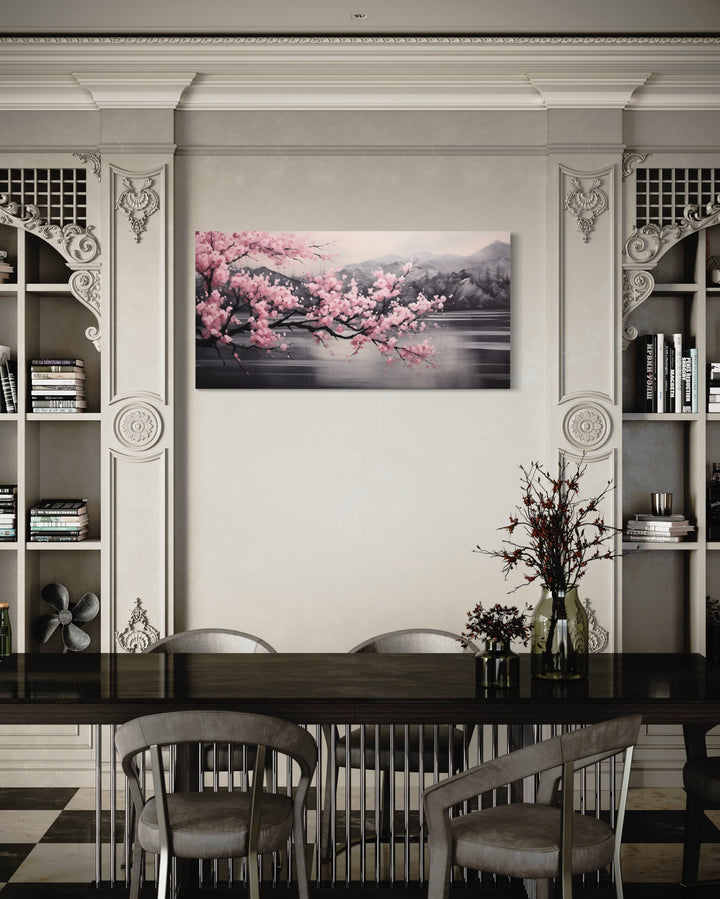 Pink Cherry Blossom on Black Abstract Framed Canvas Wall Art in dining room