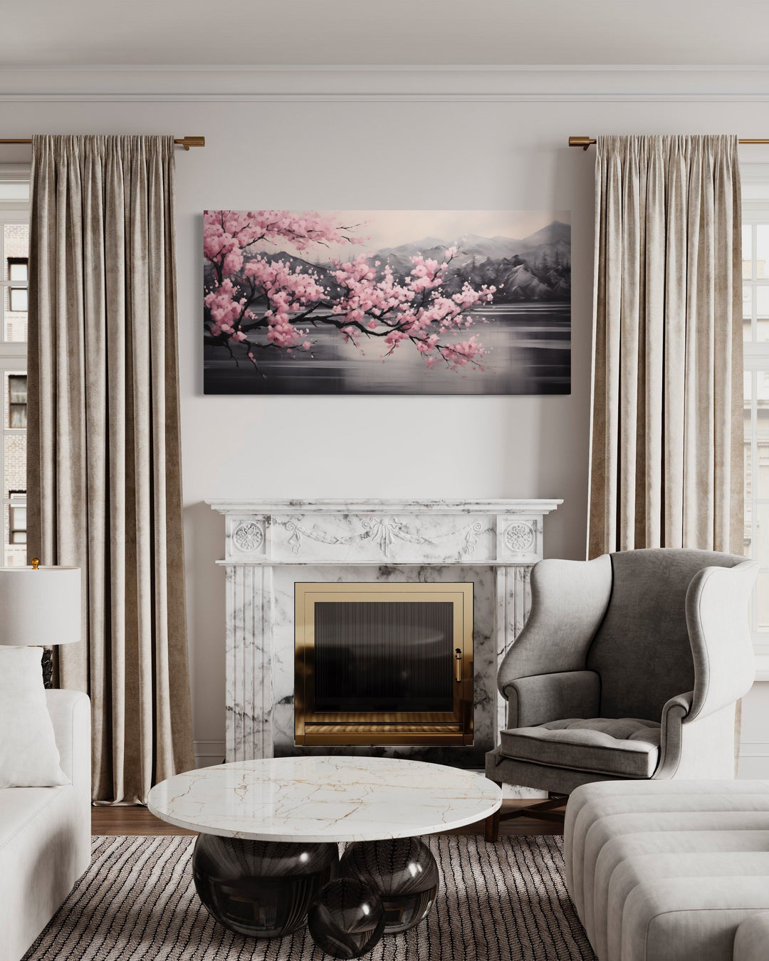 Pink Cherry Blossom on Black Abstract Framed Canvas Wall Art