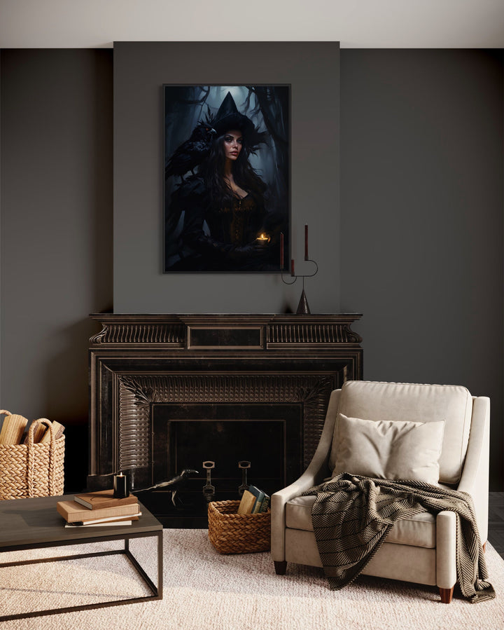 Witch In Enchanted Forest With Raven Gothic Framed Canvas Wall Art above mantel