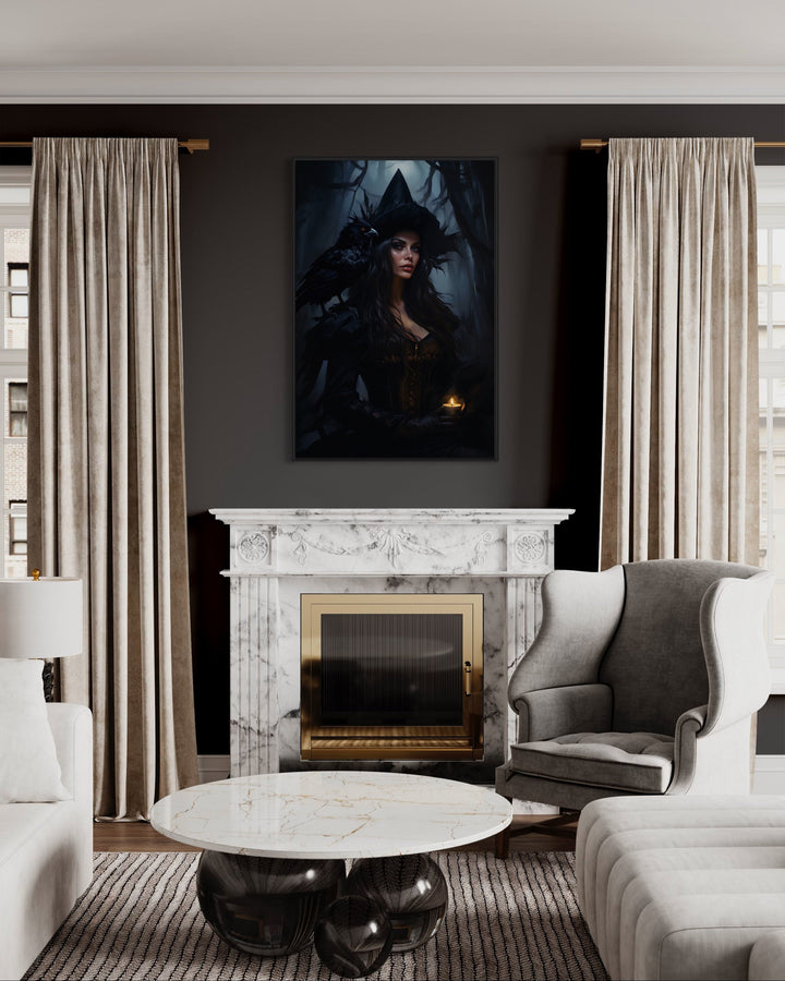 Witch In Enchanted Forest With Raven Gothic Framed Canvas Wall Art above fireplace